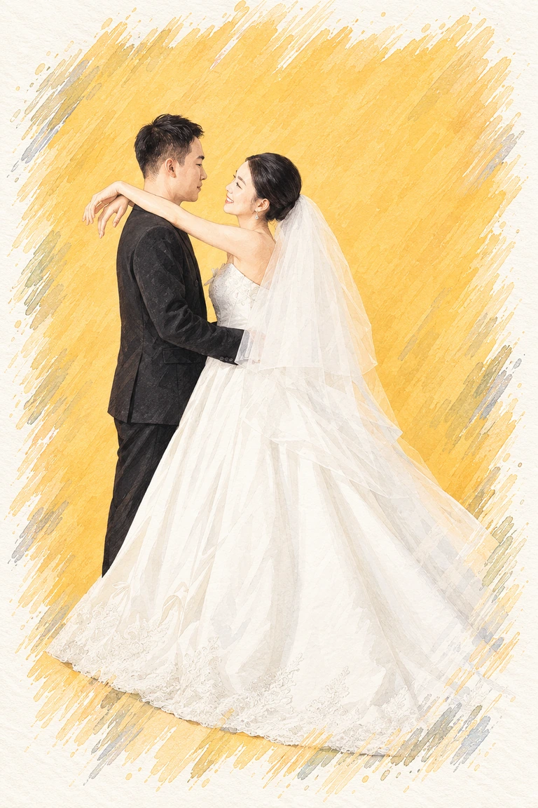 黄色背景拥抱婚纱插画