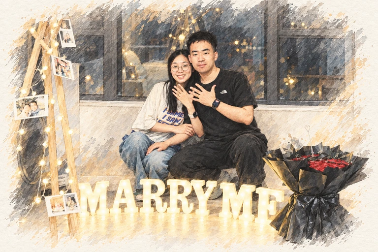 MARRY ME 求婚合影插画